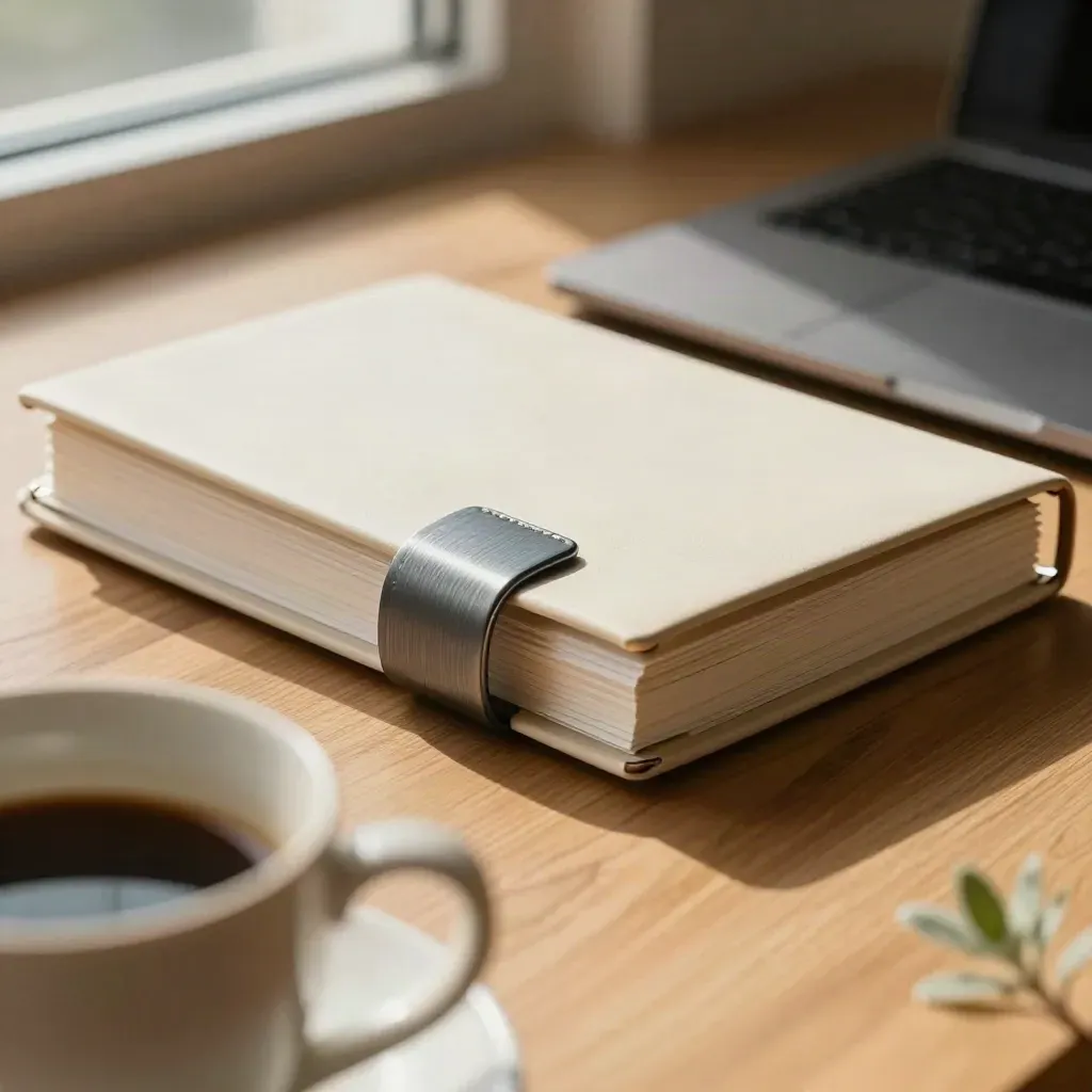 Close-up of a legal folio beside a laptop, coffee cup and plant on a sunlit startup desk.