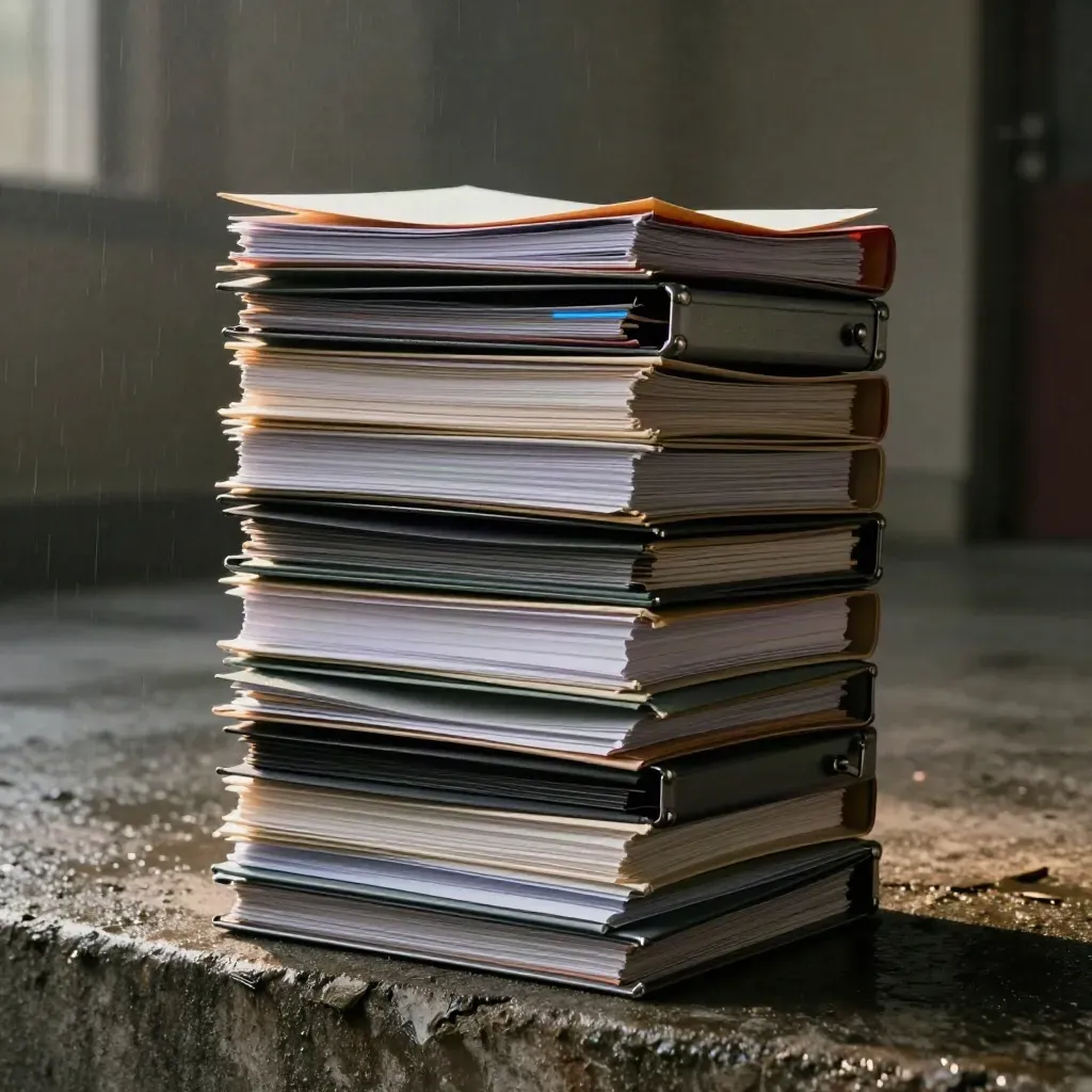 Towering legal folders and briefcase edge in drizzle-lit cinematic legal workspace.