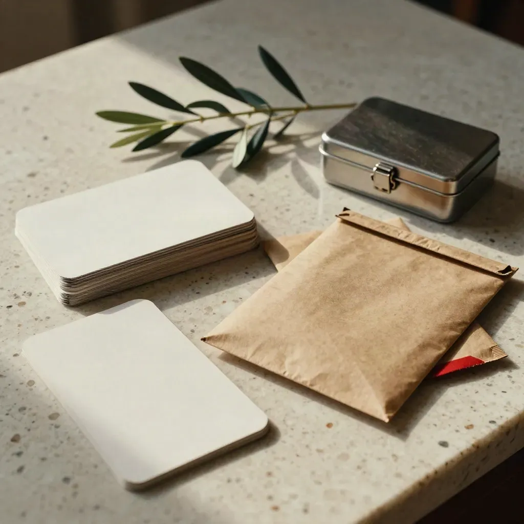 Top-down legal basics flat lay with sketch cards, sealed mailer, rights box, and plant on travertine.