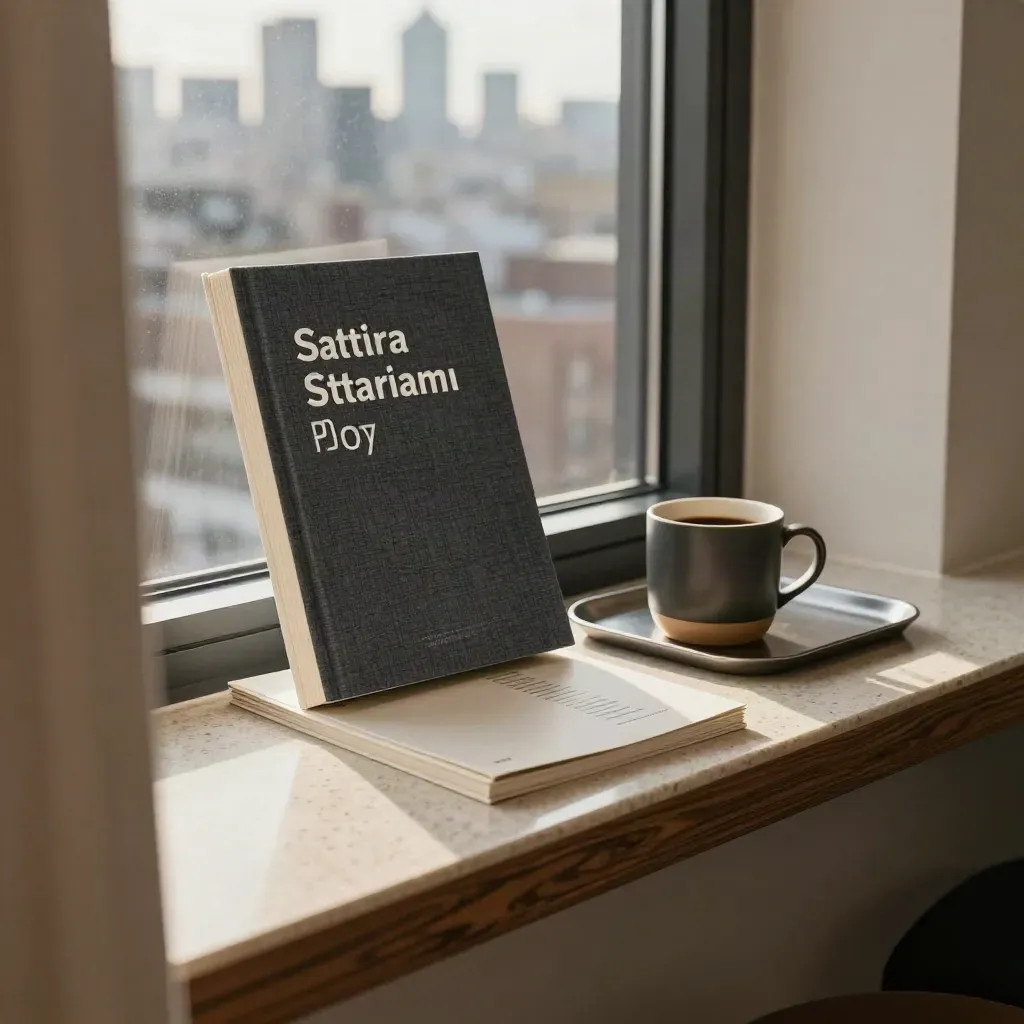 Startup office window ledge with a policy folio, coffee mug, and city glow in afternoon light.