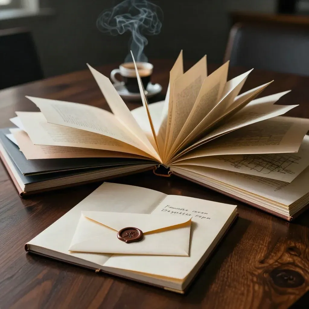 Legal folders, notebook, and sealed envelopes on a dark table with espresso smoke.