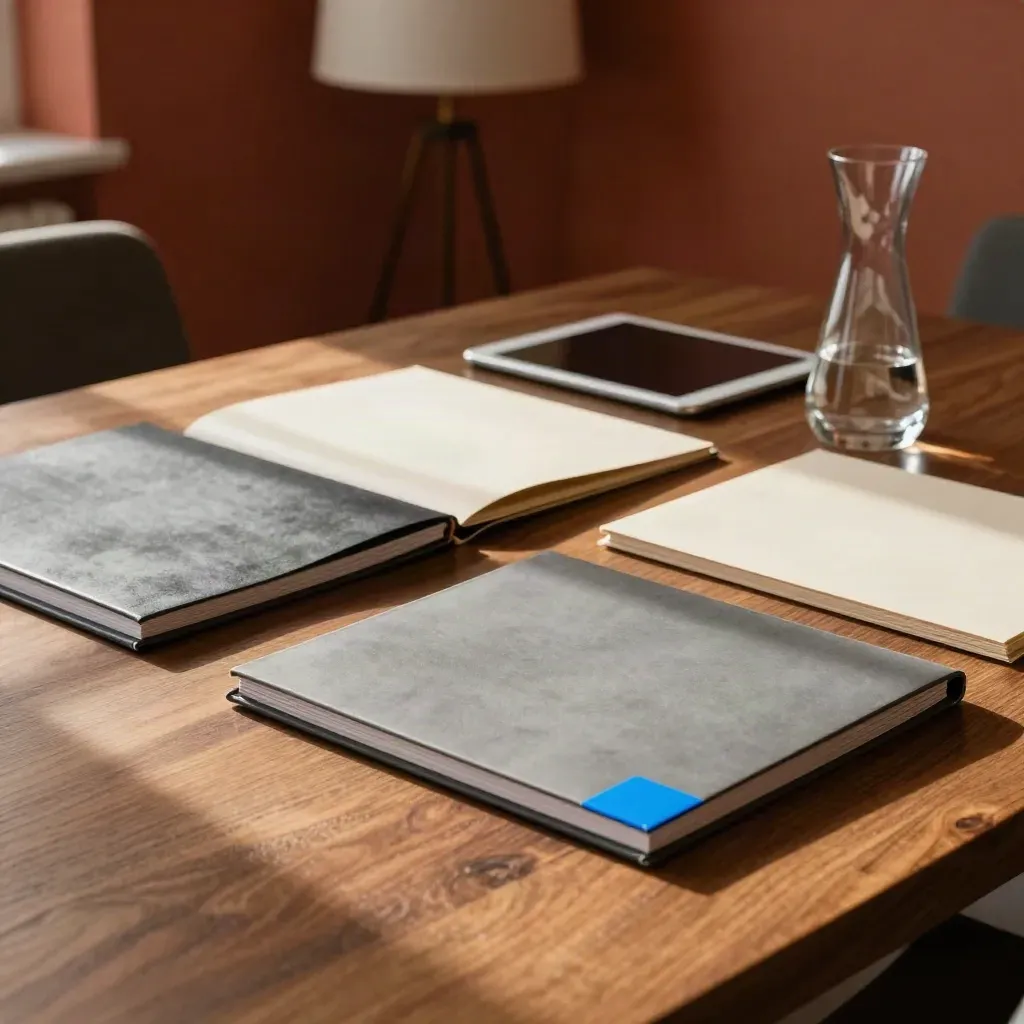 Low-angle legal review table with folders, tablet, and glass carafe in warm daylight