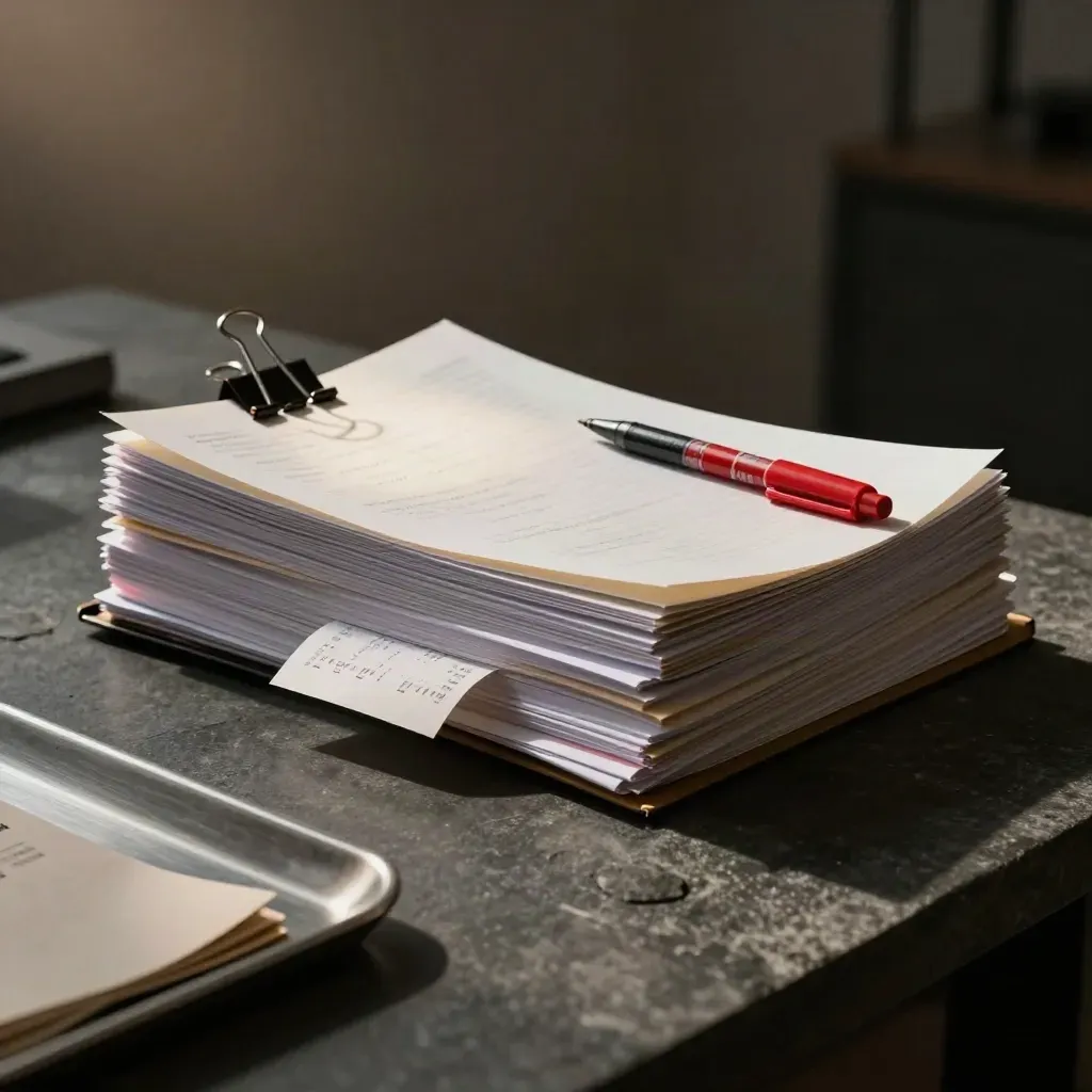 Dim legal studio still life with clipped freelance papers, red pen, and receipt sleeve.