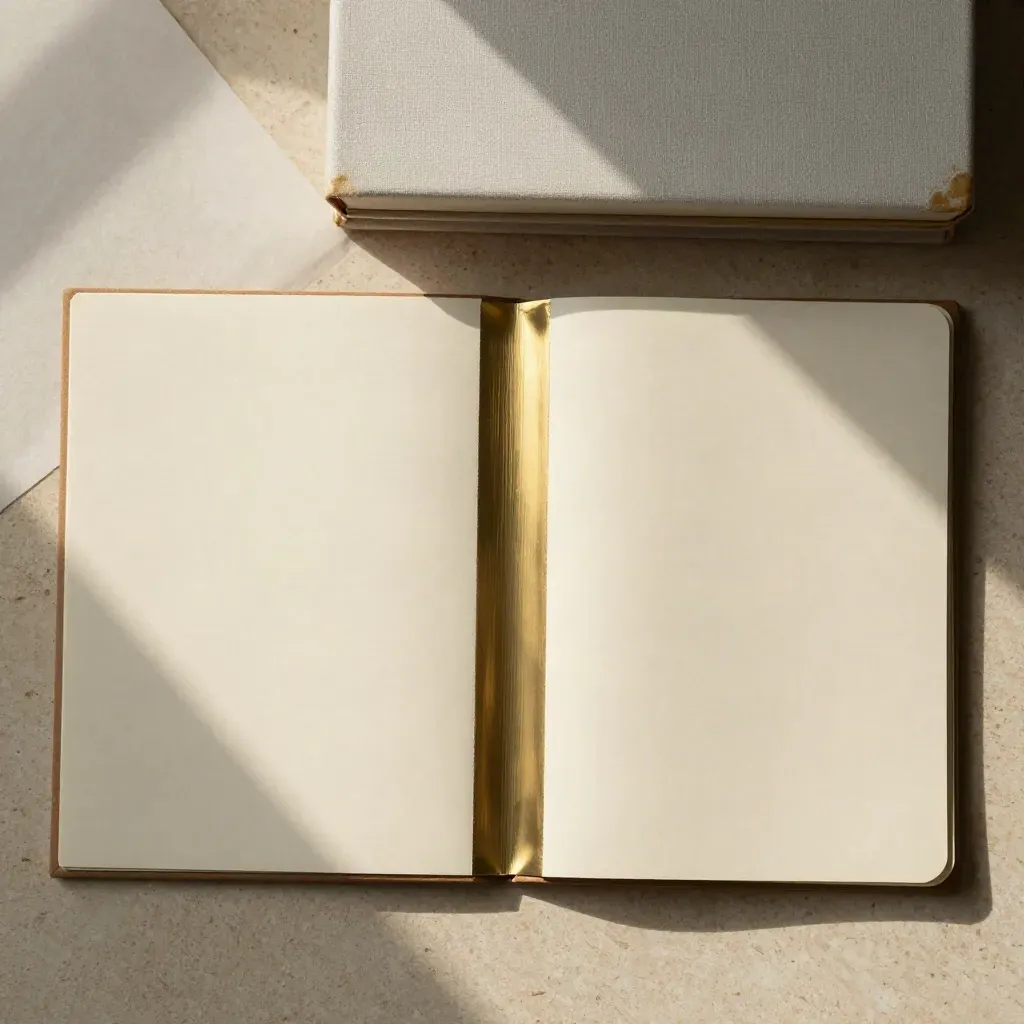 Overhead legal flat lay with two ivory folders, brass divider, and ledger box in warm light.