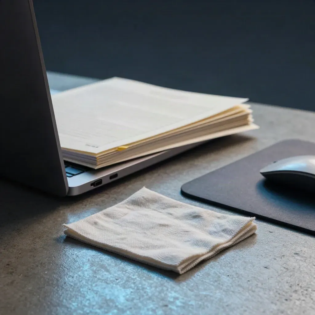Laptop, site notes, mouse pad and dust cloth in a calm legal desk cleanup, viewed close up.