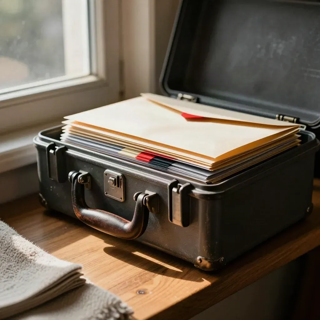 Half-latched legal file case with color tabs and sleeves on a sunlit oak bench