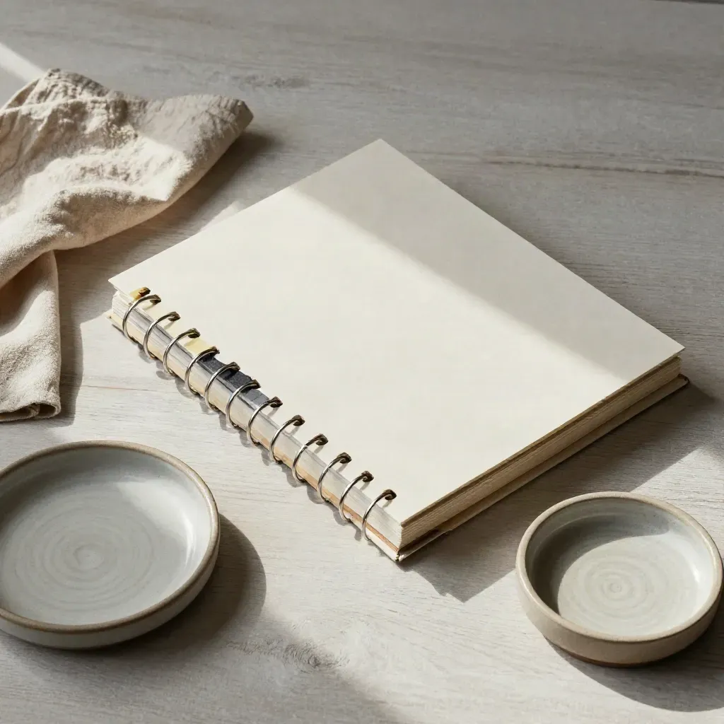 Flat lay binder, linen cloth, and ceramic dish on pale wood with soft daylight.