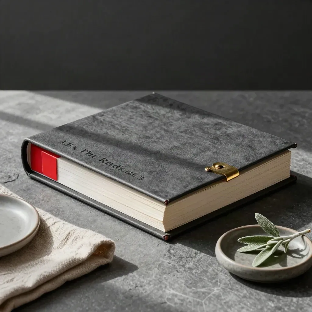 Crimson-tabbed case file on stone with brass clasp, linen cloth, and soft side light.